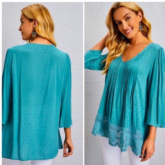 NWT! SWISS DOT LACE TRIM SOLID BLOUSE IN CADET BLUE! - Picture 9 of 12